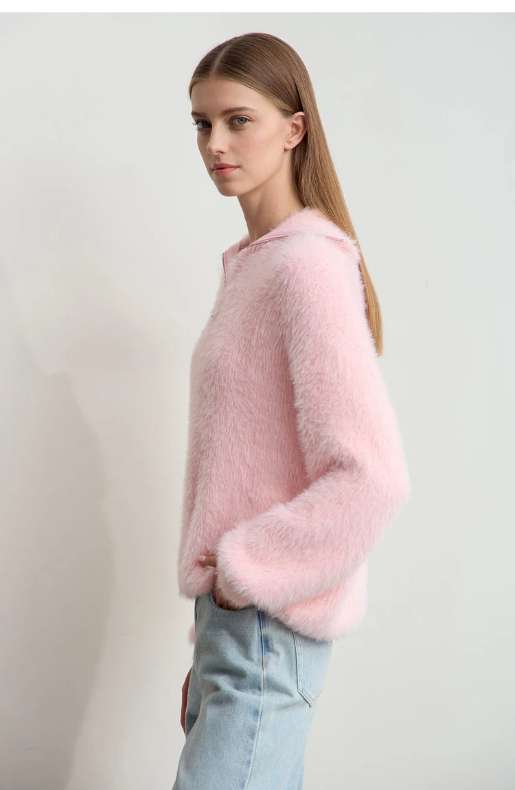 Damen-Rollkragenpullover Nerz-Imitat Reißverschluss locker dick Winter
