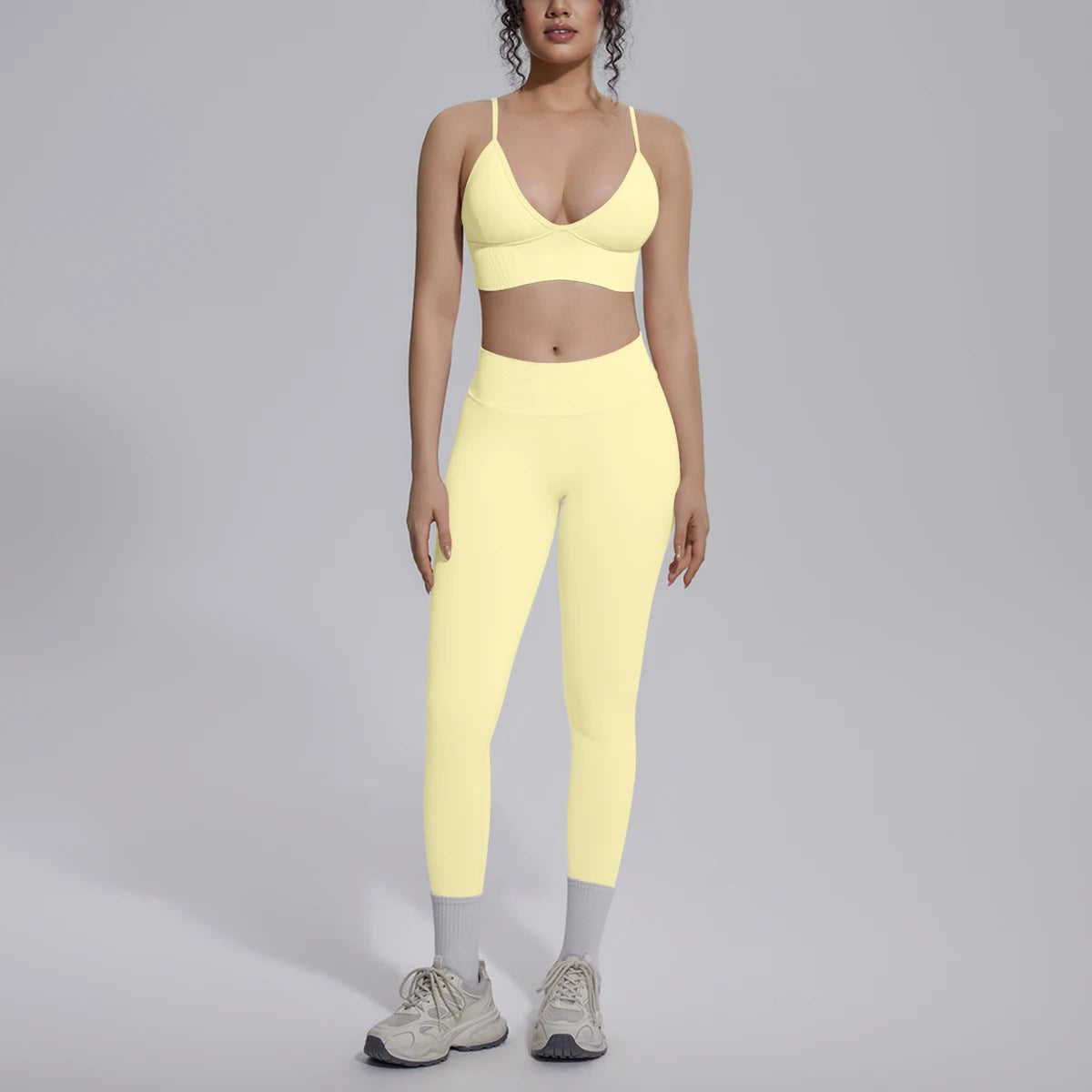 Yoga-Set für Damen mit gepolstertem Sport-BH und Leggings, hellgelb