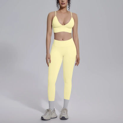 Yoga-Set für Damen mit gepolstertem Sport-BH und Leggings, hellgelb