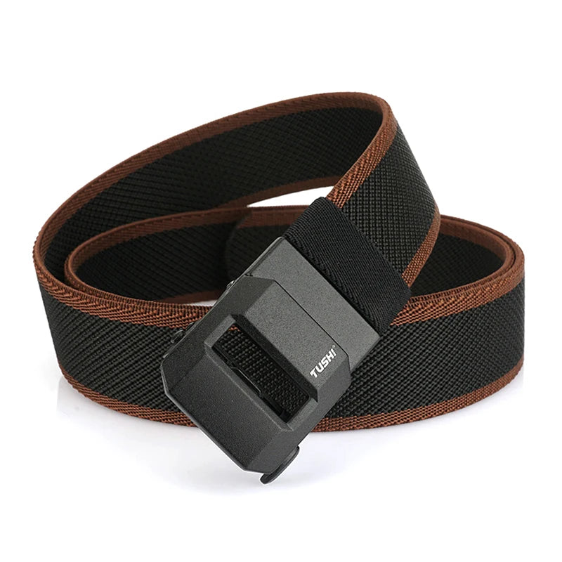 Unisex-Gürtel aus elastischem Nylon mit mattschwarzer Schnalle in 38 mm Breite und Tragekomfort