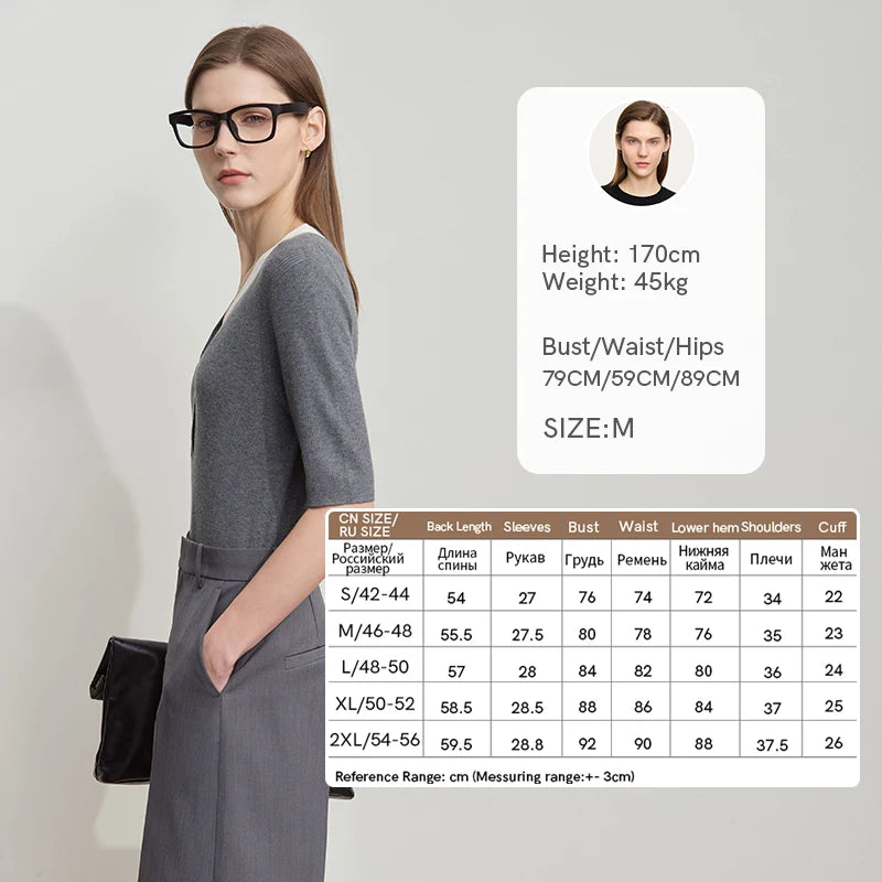 AMII Damen-Strickpullover, grauer V-Ausschnitt, halbe Ärmel, Knopfleiste