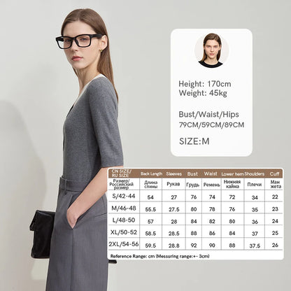 AMII Damen-Strickpullover, grauer V-Ausschnitt, halbe Ärmel, Knopfleiste