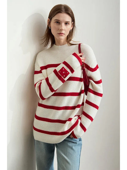 Damen-Strickjacke Streifen Stehkragen Kontrastfarben locker Weihnachten Winter