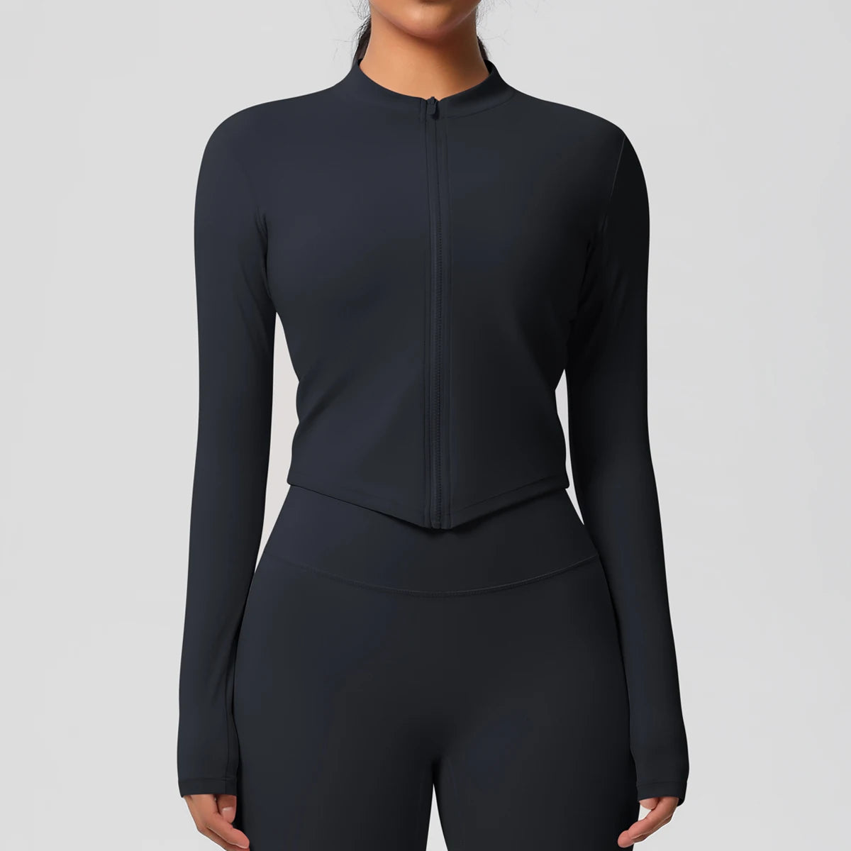Langarm-Fitnessoberteil, Slim Fit, schwarz, durchgehender Reißverschluss und Stehkragen