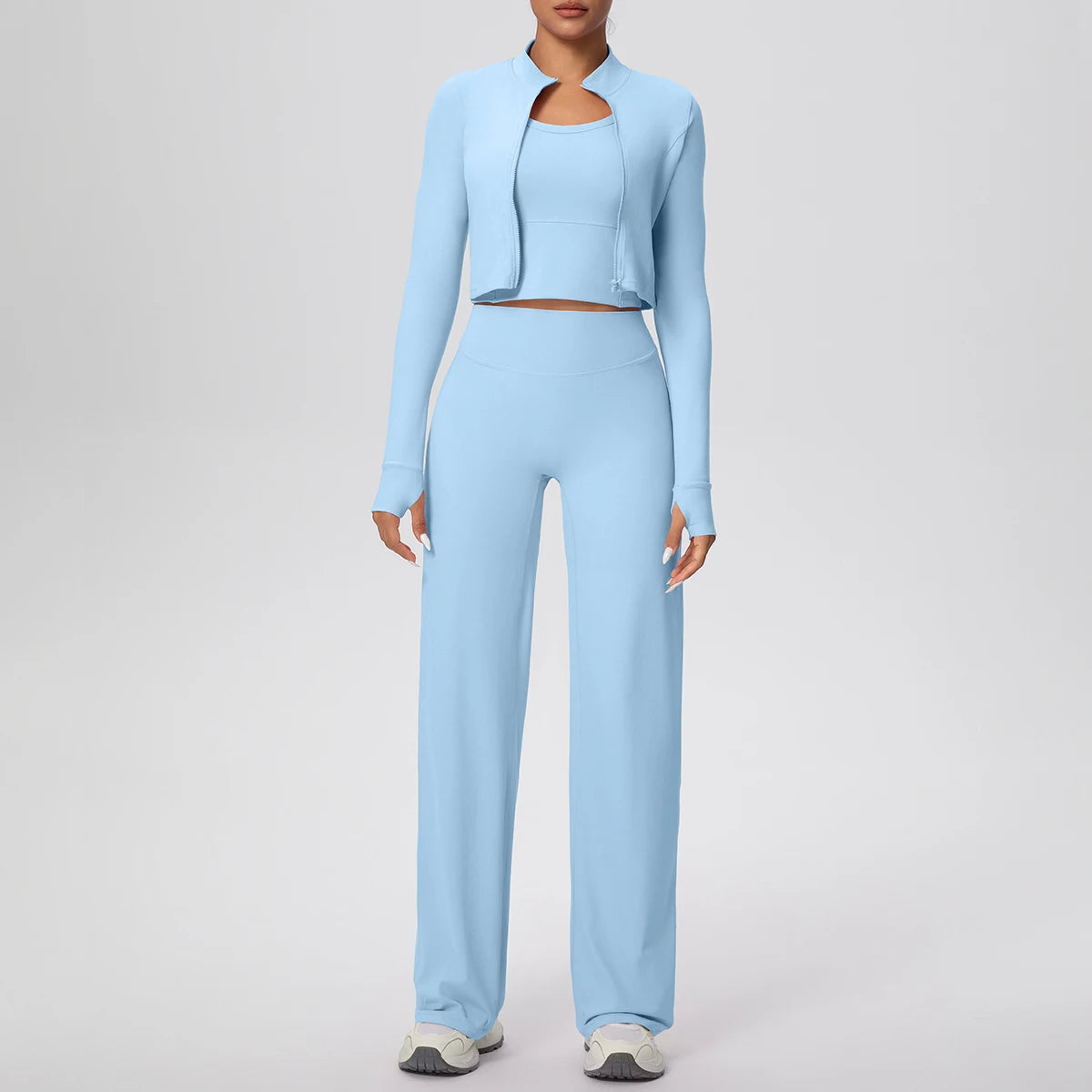 Hellesblaues Yoga-Set für Damen: Crop-Jacke mit Reißverschluss und weite Hose, Frontansicht