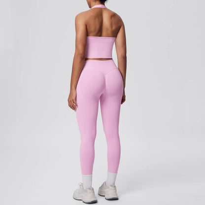 Yoga-Set für Frauen, Rückansicht: Sport-BH und Leggings, pfirsichrosa mit kurzem Bund.