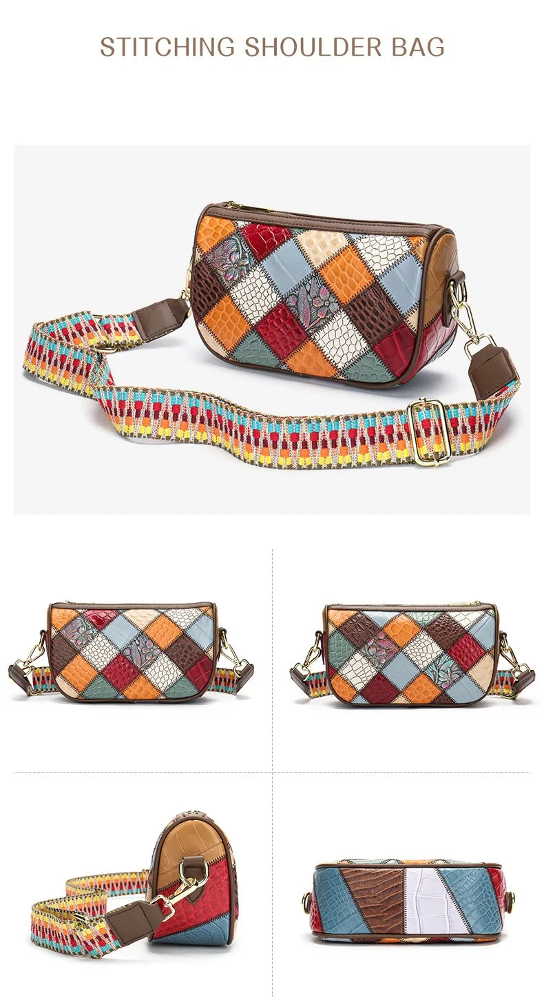 Damen-Schultertasche Patchwork-Leder Boho-Stil