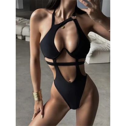 Damen Badeanzug asymmetrisch V-Bügel Cut-Out hoher Beinausschnitt Monokini