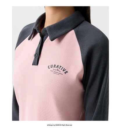 Semir Poloshirt für Damen, kurzer Stil, schmal, farbblockiert, Raglanärmel, 2024, Frühjahr, neues Oberteil mit Buchstabendruck