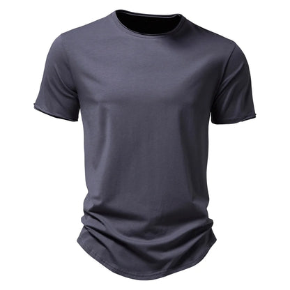 Herren-T-Shirt aus reiner Baumwolle, dunkelgrau, Vorderansicht mit Rundhalsausschnitt