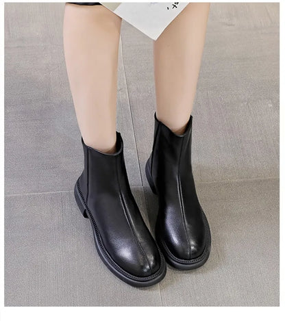 Damen-Lederstiefeletten, schwarze Knöchelboots mit flachem Absatz und rundem Schaft