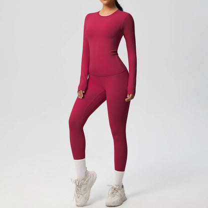 Gym-Leggings-Set mit langarmigem Sport-Top und schmalen Leggings in Dunkelrot