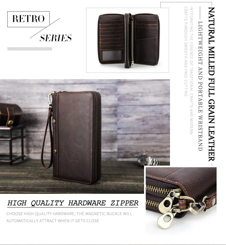 Braune Leder-Clutch mit Reißverschluss und Handschlaufe, Detailansicht der Ziernähte