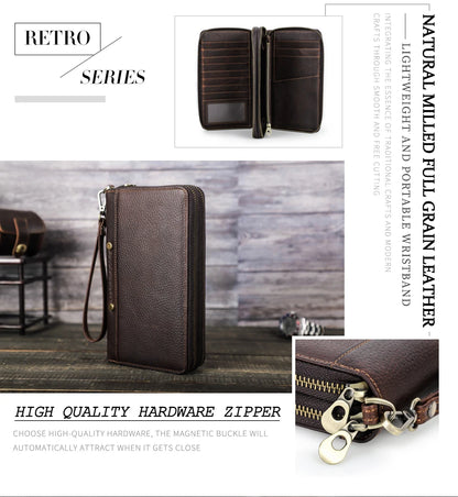 Braune Leder-Clutch mit Reißverschluss und Handschlaufe, Detailansicht der Ziernähte
