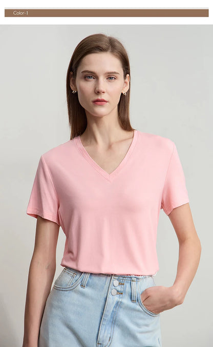 Damen T-Shirt im minimalistischen Casual-Stil mit V-Ausschnitt und kurzen Ärmeln