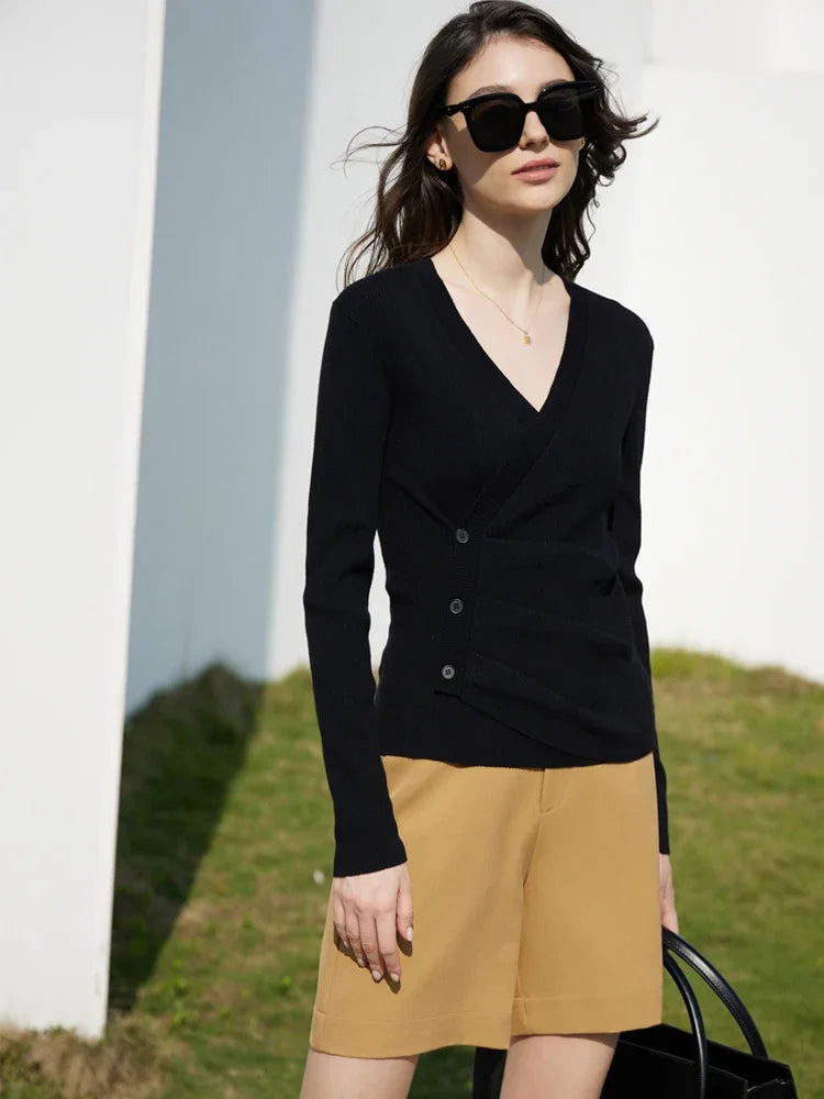 Damen V-Ausschnitt Pullover Kaschmir Slim Shirring Büro Frühling