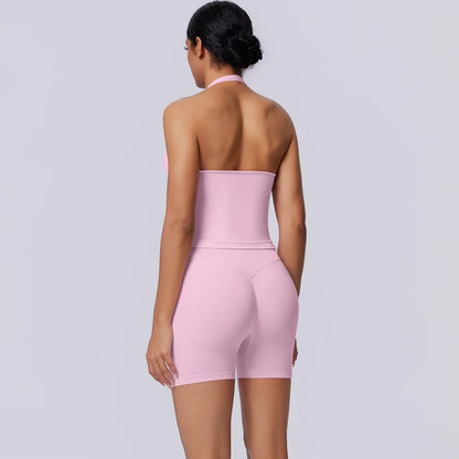 Damen Yoga-Set (3-teilig) mit Bandeau-Top und Shorts, rosa