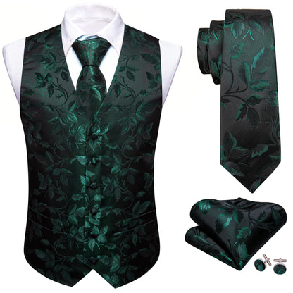 Herrenweste Vierer-Set: dunkle Weste mit dunkelgrünem Blumenmuster, Krawatte & Einstecktuch