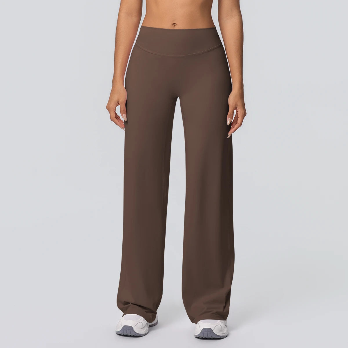 Damen Yoga-Hose, braun, hoher Bund, gerade weit fallend, atmungsaktiv