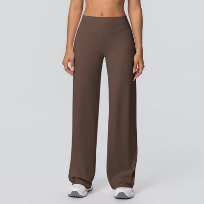 Damen Yoga-Hose, braun, hoher Bund, gerade weit fallend, atmungsaktiv