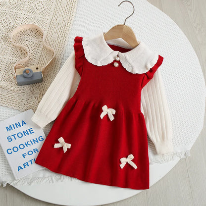 Mädchen Herbst-Strickkleid mit süßer Schleife im Farbblock-Design