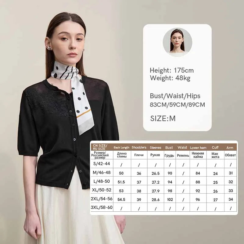 Damen-Strickjacke Viskose Spitzen-Patchwork Kurzarm offen Büro Sommer