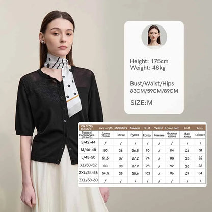 Damen-Strickjacke Viskose Spitzen-Patchwork Kurzarm offen Büro Sommer