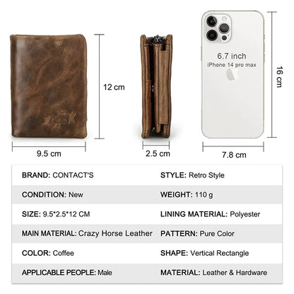 Herren Echtleder Geldbörse Vintage Kartenhalter Fotohalter Münzfach Reißverschluss Geschenk