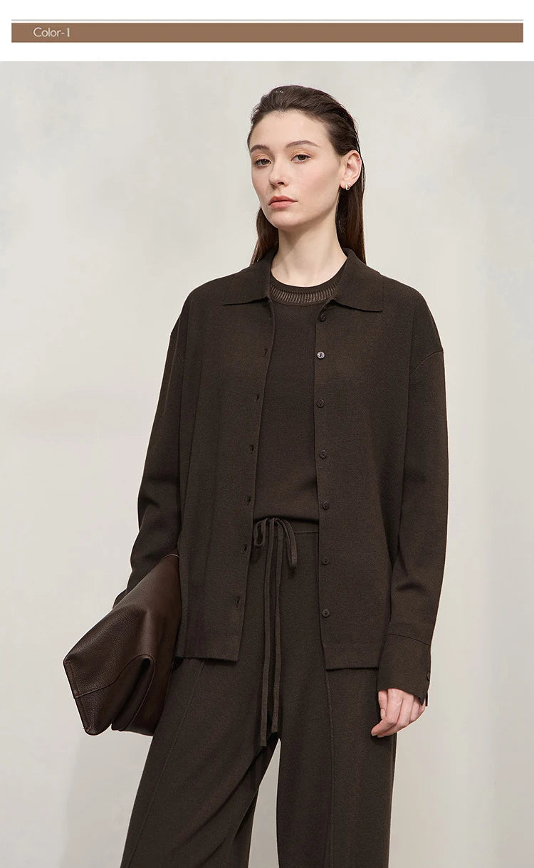 Damen-Strickjacke lang Seide-Wolle Umlegekragen locker Herbst
