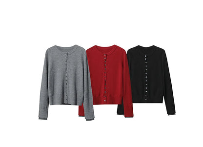 Damen-Rundhalspullover Strickjacke einfarbig einreihig Herbst-Winter