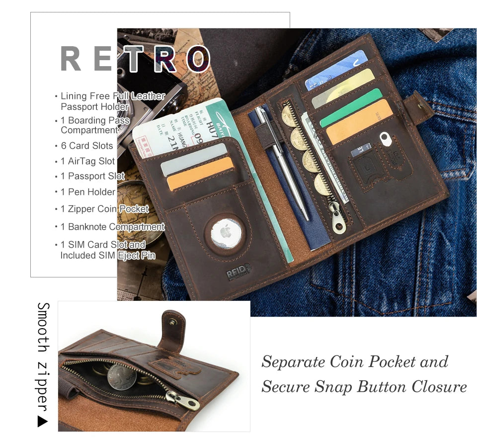 Reisepass-Brieftasche aus Leder mit mehreren Kartenfächern, AirTag-Schlitz und Reißverschluss