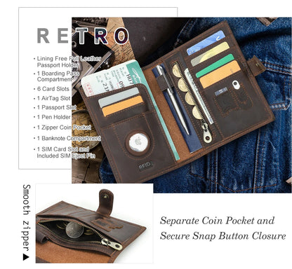Reisepass-Brieftasche aus Leder mit mehreren Kartenfächern, AirTag-Schlitz und Reißverschluss