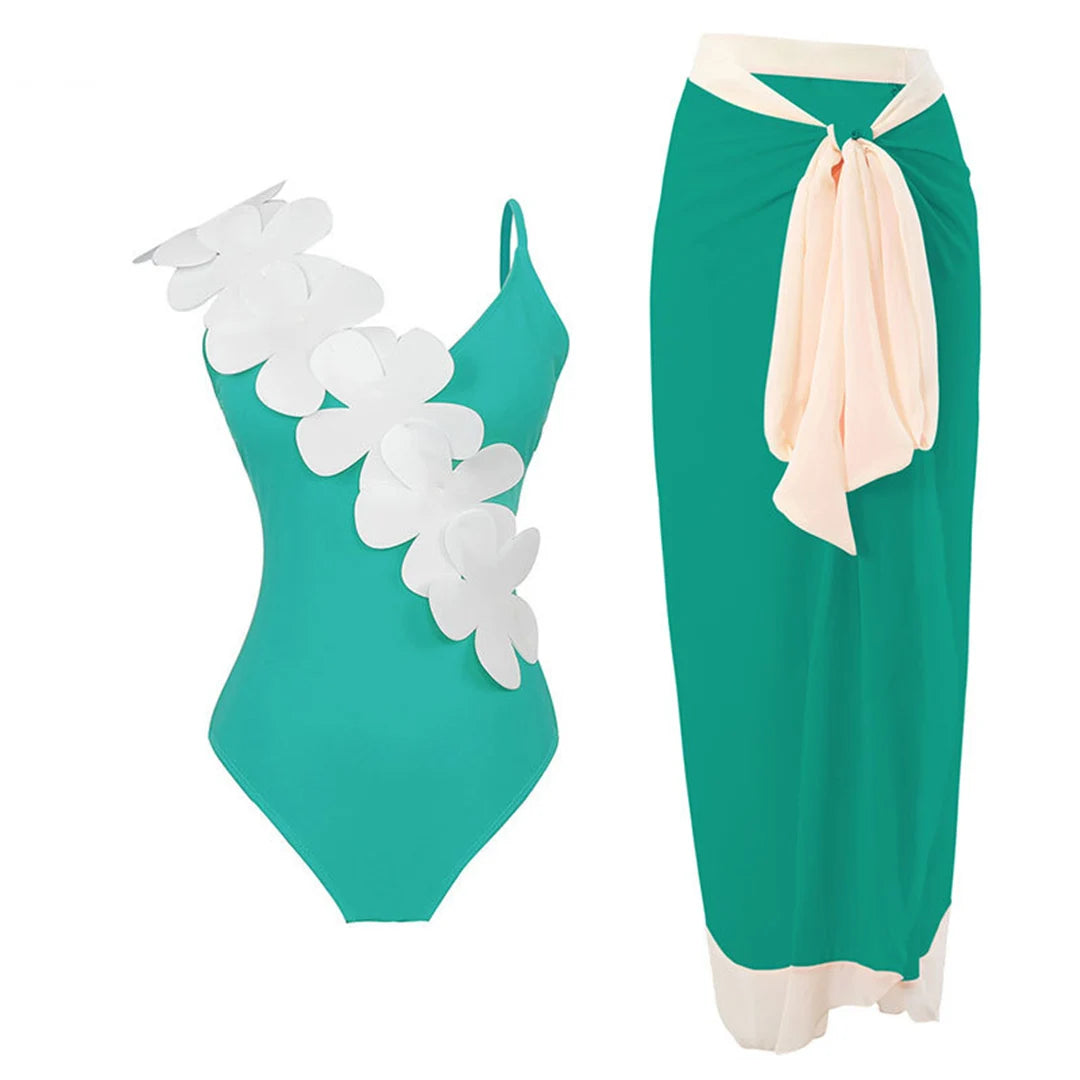 Damen Badeanzug Sarong 3D-Blumen tiefer V-Ausschnitt hoher Beinausschnitt