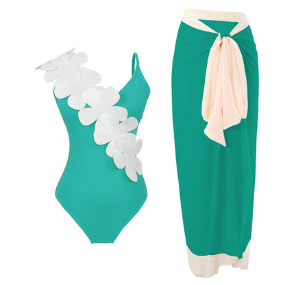 Damen Badeanzug Sarong 3D-Blumen tiefer V-Ausschnitt hoher Beinausschnitt