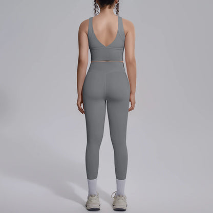 Damen-Yoga-Set, grau, Rückansicht: Top mit V-Ausschnitt und Leggings