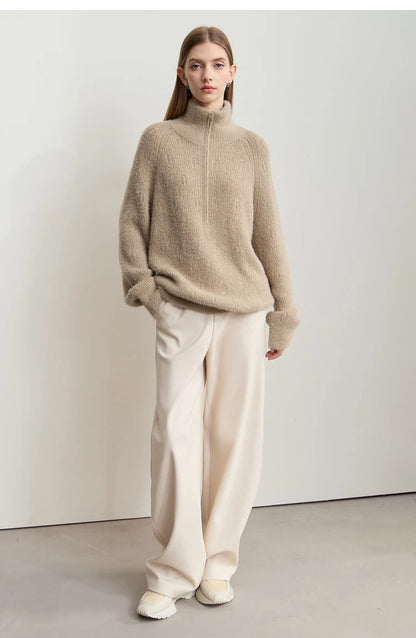 Damen-Rollkragenpullover Reißverschluss Nerz-Optik locker Winter