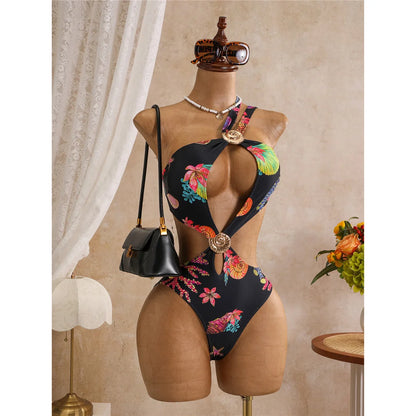 Damen Badeanzug Blumendruck One-Shoulder asymmetrisch Cut-Out Monokini gepolstert