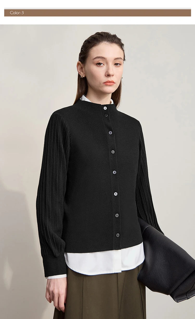 Damen-Strickjacke Slim halbhoher Kragen Laternenärmel Wolle-Mix Herbst