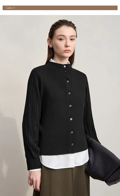 Damen-Strickjacke Slim halbhoher Kragen Laternenärmel Wolle-Mix Herbst