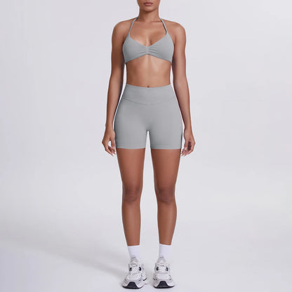 Damen-Yoga-Set: nahtloser Sport-BH und High-Waist-Shorts in Hellgrau