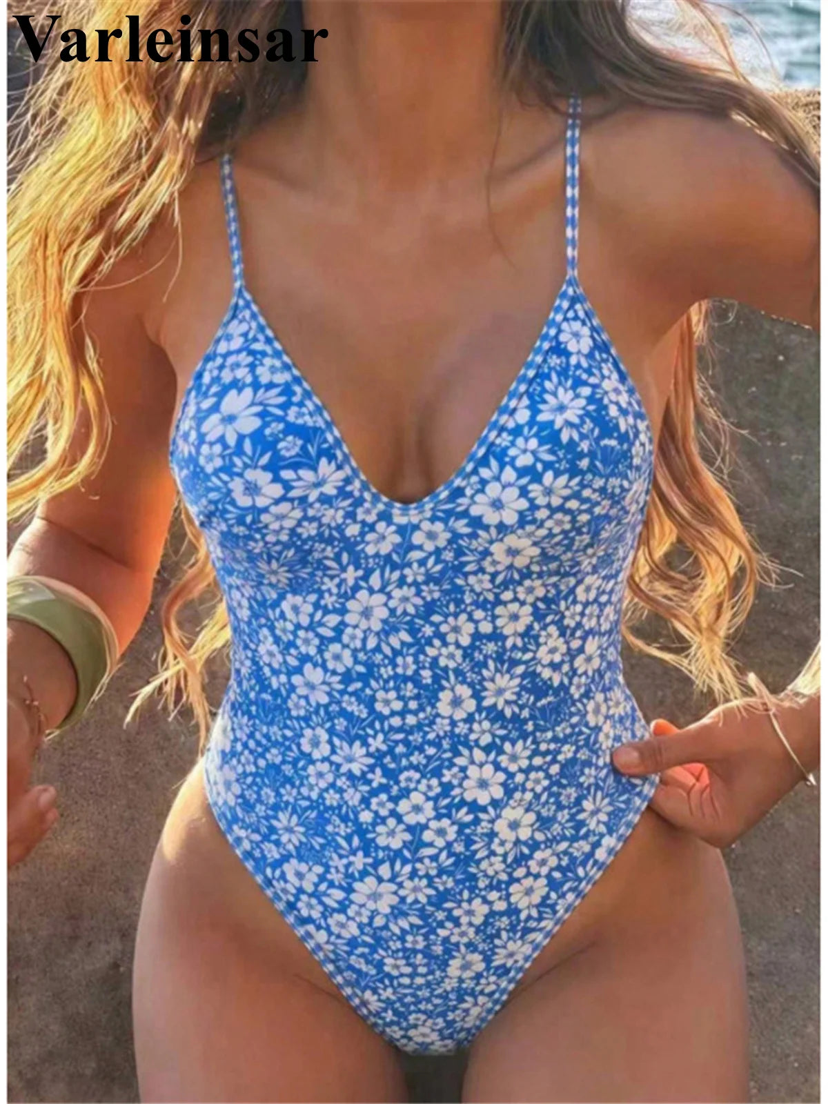 Damen Badeanzug Blumenmuster V-Ausschnitt High-Cut Monokini gepolstert Einteiler