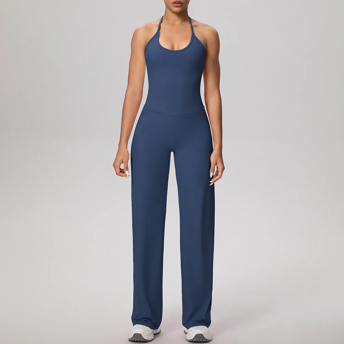 Yoga-Set für Damen: dunkelblaues ärmelloses Sporttop mit U-Ausschnitt & lange Hose