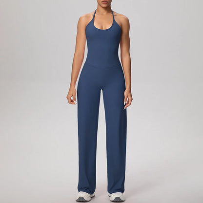 Yoga-Set für Damen: dunkelblaues ärmelloses Sporttop mit U-Ausschnitt & lange Hose