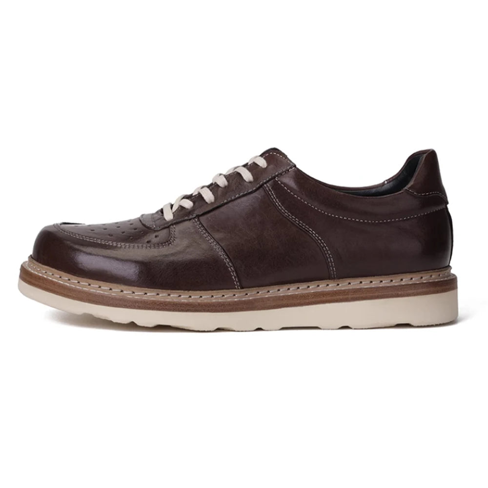 Round Toe Thick Soled Board Shoes Retro Genuine Leather Wear-Resistant Breathable Solid Color Casual Shoes Handmade Men's Shoes