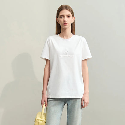 Damen T-Shirt im minimalistischen Stil mit modischer Stickerei und O-Ausschnitt