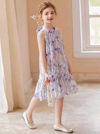 Sommerliches Mädchenkleid aus 100% Baumwolle mit kurzen Ärmeln und Tulpenblumenmuster – niedliche Freizeitkleidung für Kinder von 3 bis 14 Jahren