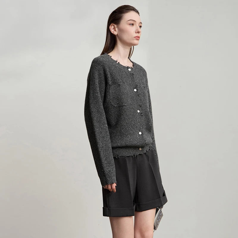 Damen-Strickjacke Rundhals englischer Stil einfarbig elegant Herbst