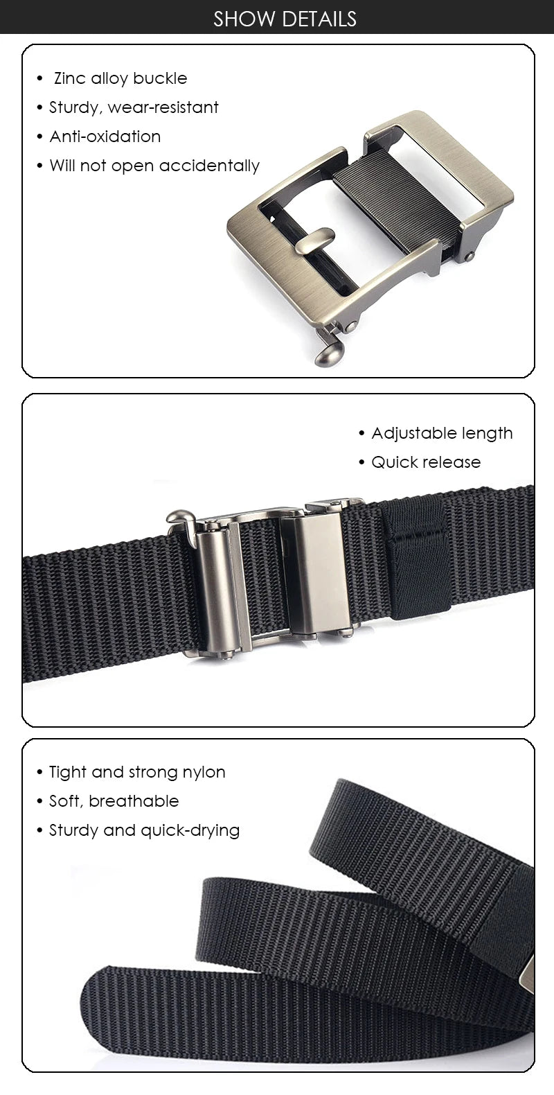 Herren-Gürtel aus Nylon 3,4 cm Breite mit Automatikverschluss für Outdoor-Wandern