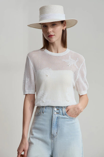 Damen Top im minimalistischen Ozean-Stil mit Perlenbesatz und durchbohrten Löchern