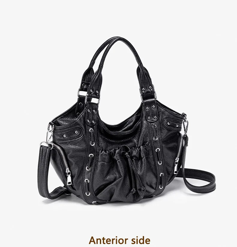 Damen-Hobo-Tasche Aus Leder Im Abgenutzten Retro-Y2K-Biker-Stil Mit Reißverschluss